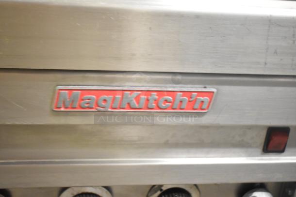 MagiKitch'n commercial countertop griddle with chrome flat top, featuring a branded emblem.