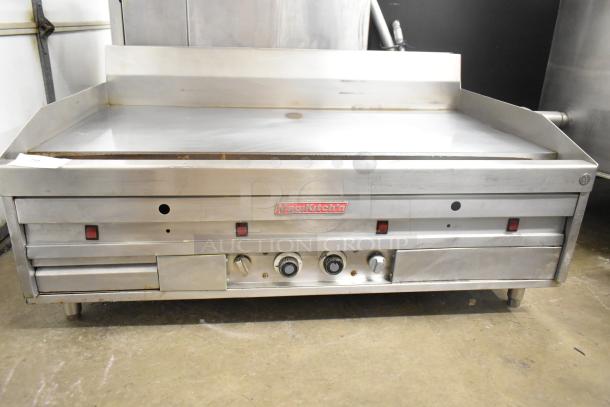 MagiKitch'n Commercial Chrome Top Griddle, countertop model, used condition, stainless steel, control knobs visible.