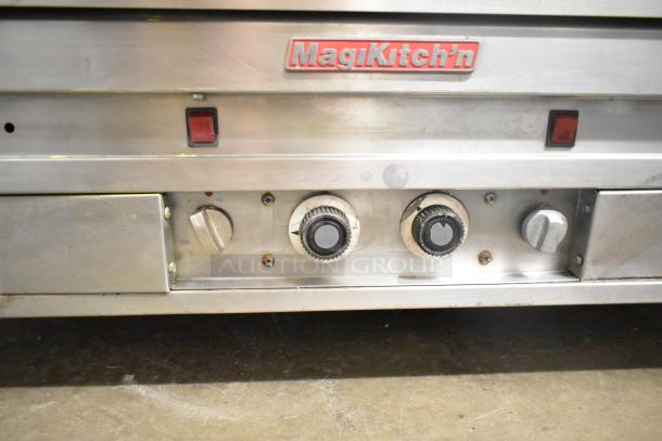 MagiKitch'n Commercial Countertop Chrome Flat Top Griddle, visible control knobs, red label, stainless steel surface.