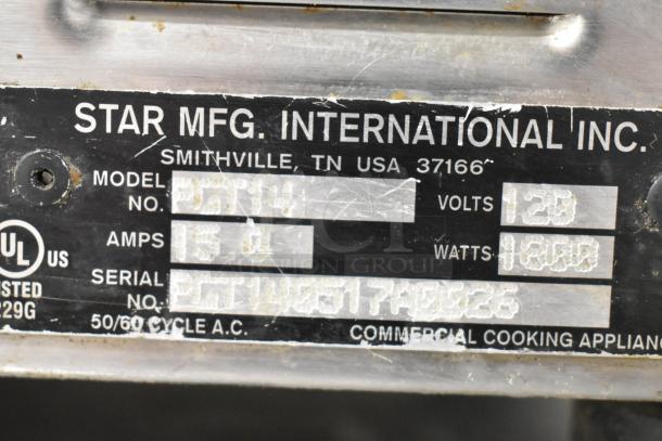 Star PGT14 Commercial Panini Press, 120V, 1 Phase. Label shows model, volts, amps, and serial details.