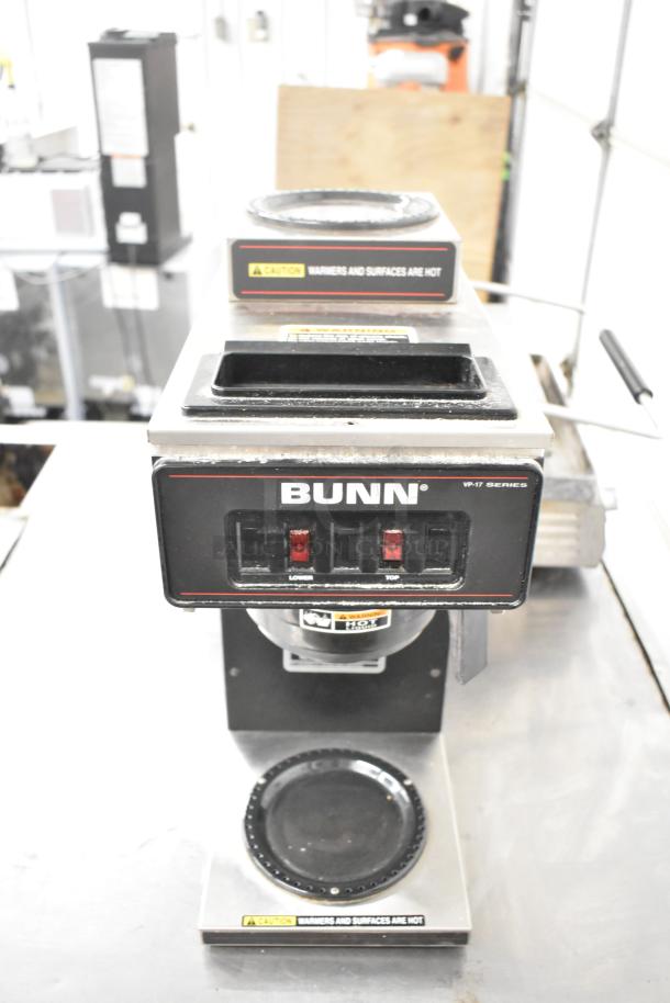 2017 Bunn VP17-2 commercial coffee machine, 2 burners, 120 volts, 1 phase, prominent branding, caution labels visible.