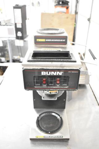 2017 Bunn VP17-2 commercial coffee machine, 2 burners, 120 volts, 1 phase, prominent branding, caution labels visible.