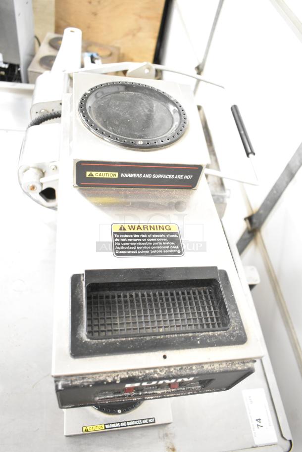 2017 Bunn VP17-2 countertop coffee machine with 2 burners, 120V, 1 phase. Caution labels visible, used condition.