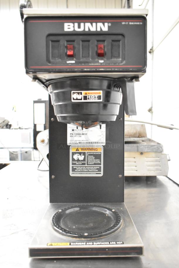 2017 Bunn VP17-2 Commercial Coffee Machine, 2 Burners, 120 Volts, 1 Phase, warning labels, black finish.