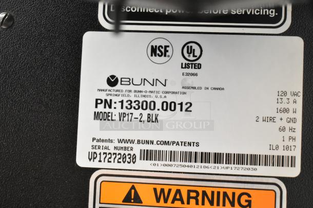 2017 Bunn VP17-2 Commercial Coffee Machine label with model, serial number, and UL, NSF certifications. 120V, 1 phase.