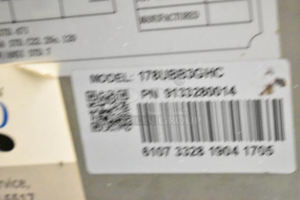 Avantco 178UBB3GHC commercial back bar cooler label showing model, serial number, and barcode details.