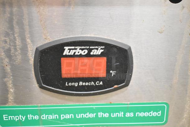 Turbo Air TCBE-36SDR-N6, digital temperature display, label reads "Turbo air, Long Beach, CA," instruction label below.