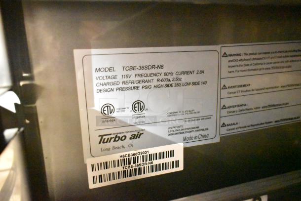Turbo Air TCBE-36SDR-N6 chef base with 2 drawers, 115V, commercial casters. ETL certified. Made in China.