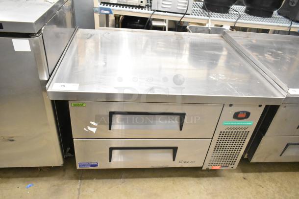 Turbo Air TCBE-36SDR-E-N6 chef base with 2 drawers on casters, 115V, featuring stainless steel surface, in used condition.