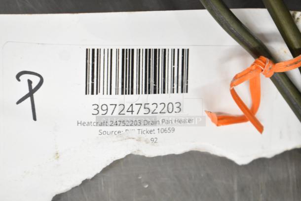 Heatcraft 24752203 Drain Pan Heater with label showing barcode and item details. Condition: Visible tear on label.