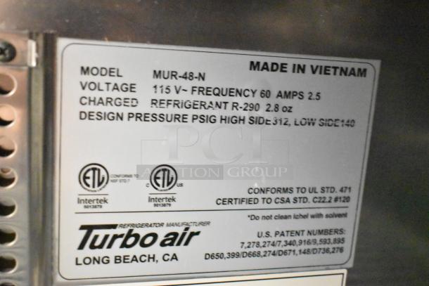 Turbo Air MUR-48-N undercounter cooler label, showing model, 115V, 1 phase, R-290 refrigerant, design pressure.