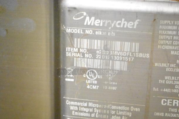 Merrychef eikon e2s commercial oven label showing model and serial number. UL listed emblem and specifications visible.