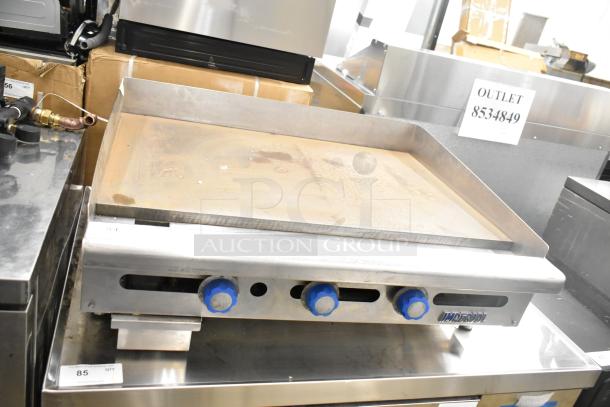 Imperial Commercial Countertop Gas Flat Top Griddle, stainless steel, three blue control knobs, lightly used.