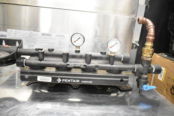Pentair Everpure Water Filtration System, includes pressure gauges and copper fittings, appears in used condition.