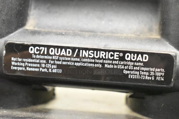 Pentair Everpure Water Filtration System label, QC71 Quad, for food service; working pressure 10-125 psi.
