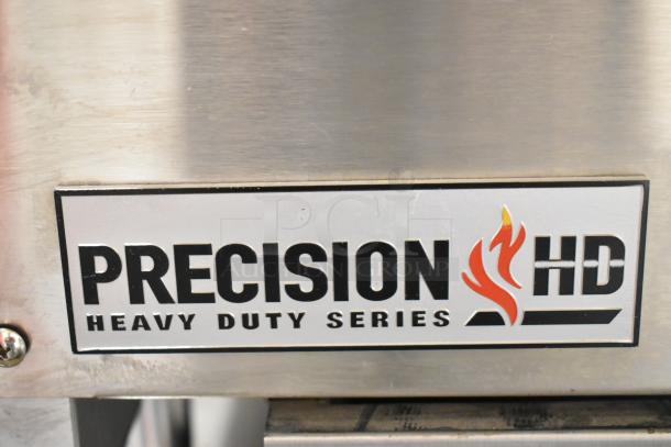 Precision HD HDTG-36 commercial countertop flat top griddle, natural gas powered, thermostatic controls, Heavy Duty Series label.