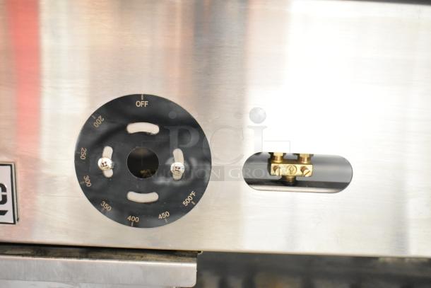 Precision HD HDTG-36 Griddle, stainless steel, natural gas, thermostatic controls, visible temperature dial, commercial use.