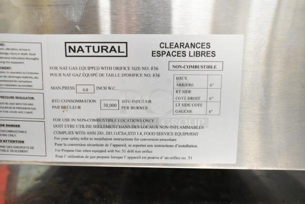 Precision HD HDTG-36 gas griddle label; thermostatic controls, BTU input 30,000 per burner, orifice #36.