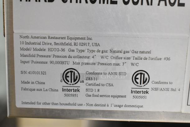 Precision HD HDTG-36 natural gas griddle with thermostatic controls, 90,000 BTU, ETL certified, made in China.