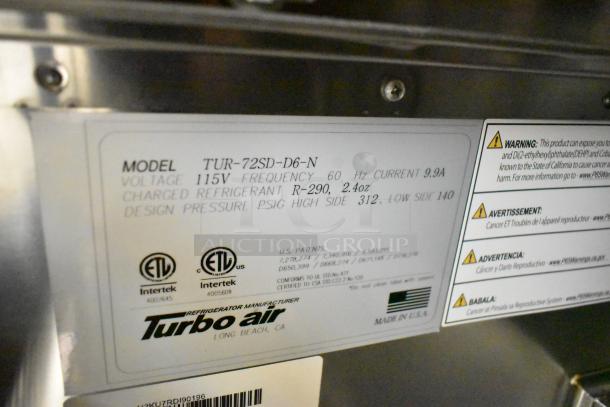 Turbo Air TUR-72SD-D6-N 6-drawer undercounter cooler label, showing model, voltage, refrigerant, and safety warnings.