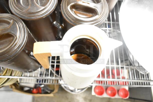 Metro lot of kitchen items on a metal shelf, includes drop-in bins, poly pitchers, and rice cooker inserts; excludes shelf.