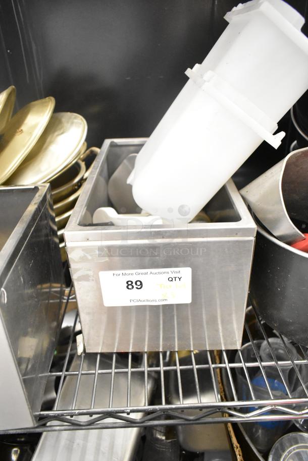 Metro lot with drop-in bins, poly pitchers, cutting boards, rice cooker inserts. Label: Lot 89, auction details. Shelving unit not included.