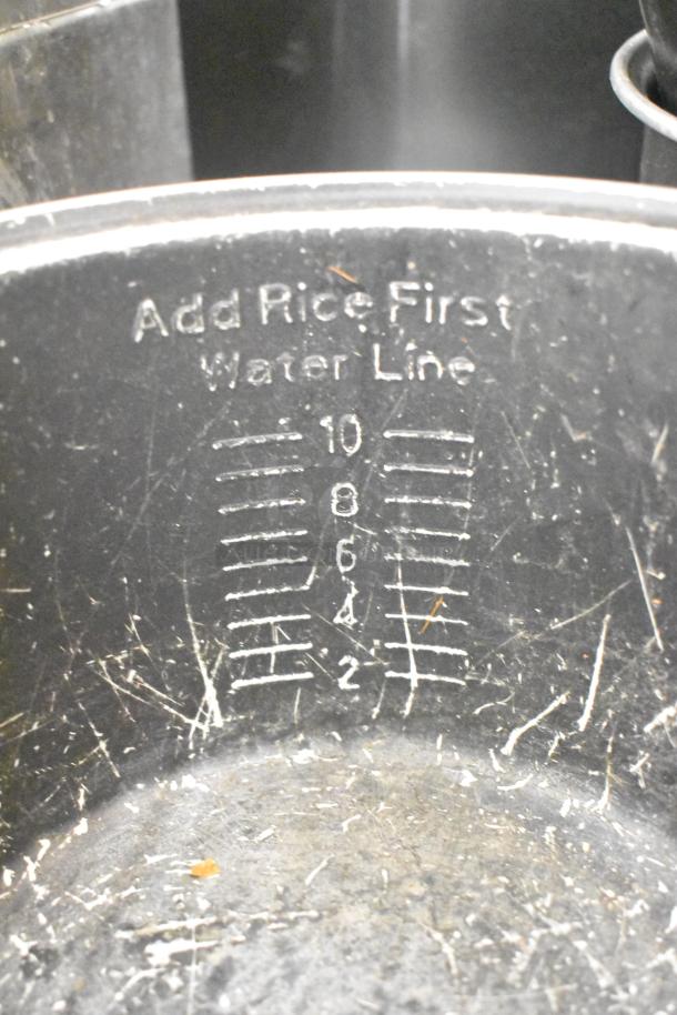 Metro lot including drop-in bins, poly pitchers, cutting boards, and rice cooker inserts. Visible "Add Rice First" marking.