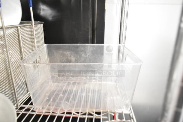 Clear acrylic drop-in bin on wire shelving, part of a Metro lot. Does not include shelving unit. Good condition.