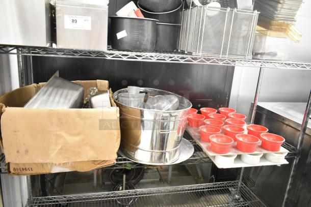 Metro lot of items, includes drop-in bins, poly pitchers, cutting boards, rice cooker inserts, utensils. No shelving unit.