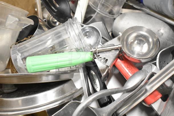 Metro lot of kitchen items including clear bins, poly pitchers, cutting boards, rice cooker inserts, and utensils. Farberware label visible. Condition: assorted used items. Shelving unit not included.