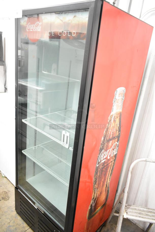 Metalfrio NG26CHC commercial cooler, single glass door, Coca-Cola branding, 115 volts, 1 phase, excellent condition.