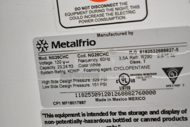 Metalfrio NG26CHC commercial cooler label, showing 120V, 23.24 ft³ capacity, R290 refrigerant, made in Mexico.
