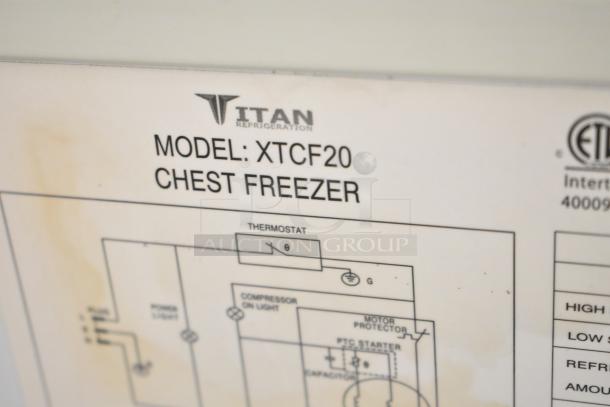 Titan XTCF20 Chest Freezer label, model details, and wiring diagram visible. 115 volts, single-phase.
