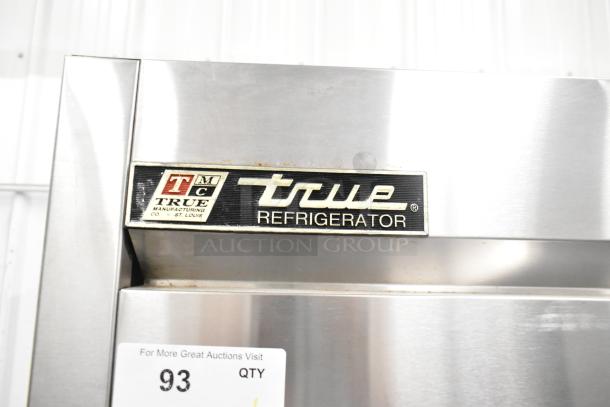 True T-49 Commercial 2 Door Reach In Cooler, 115V, 1 Phase. Stainless steel. True Refrigeration label visible.