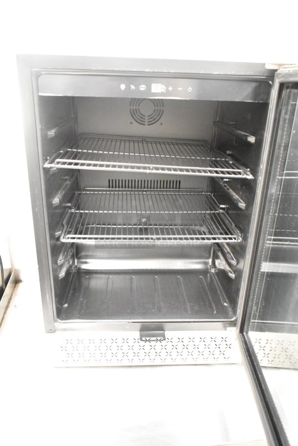 Tylza TYBC150 Mini Cooler Merchandiser, 115V, 1 Phase, interior view with adjustable shelves, excellent condition.