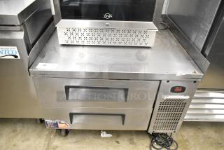 Turbo Air TCBE-36SDR-N6 commercial chef base with 2 drawers, on casters, 115V, 1 Phase, stainless steel, good condition.