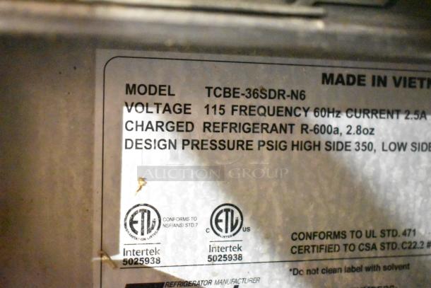 Turbo Air TCBE-36SDR-N6 chef base, 2 drawers, on casters, 115V, 1 Phase, ETL listed, refrigerant R-600a, made in Vietnam.