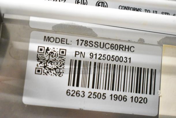 Avantco 178SSUC60RHC label showing model number, barcode, and part number on commercial cooler.