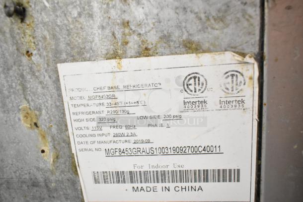 2019 Atosa MGF8453GR Commercial Chef Base label, showing model, voltage, temperature range, refrigerant, and certifications.