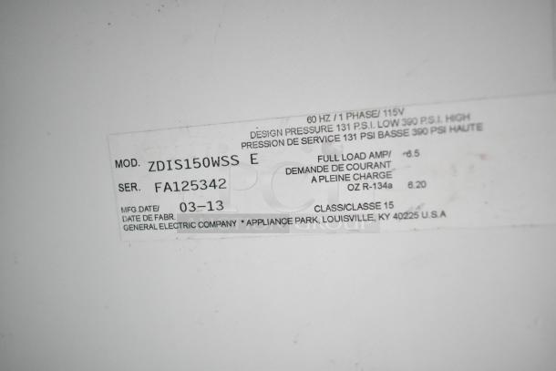 General Electric GE ZDIS150WSS E ice maker label showing model number, serial number FA125342, and manufacturing date 03-13.