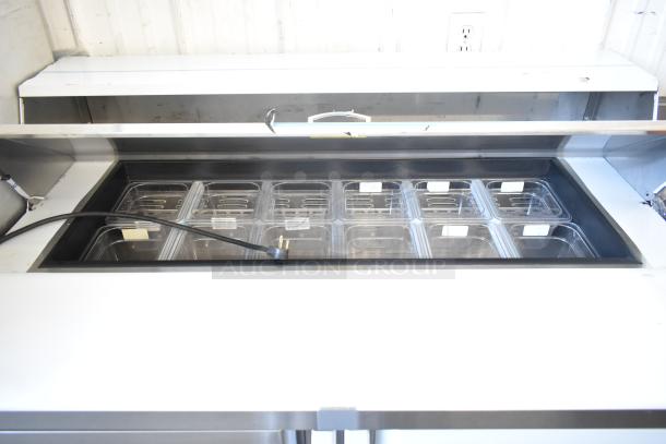 Brand new Kutano KUT24DPT sandwich prep table, mega top style, commercial casters, 115V, 1 phase, scratch and dent.