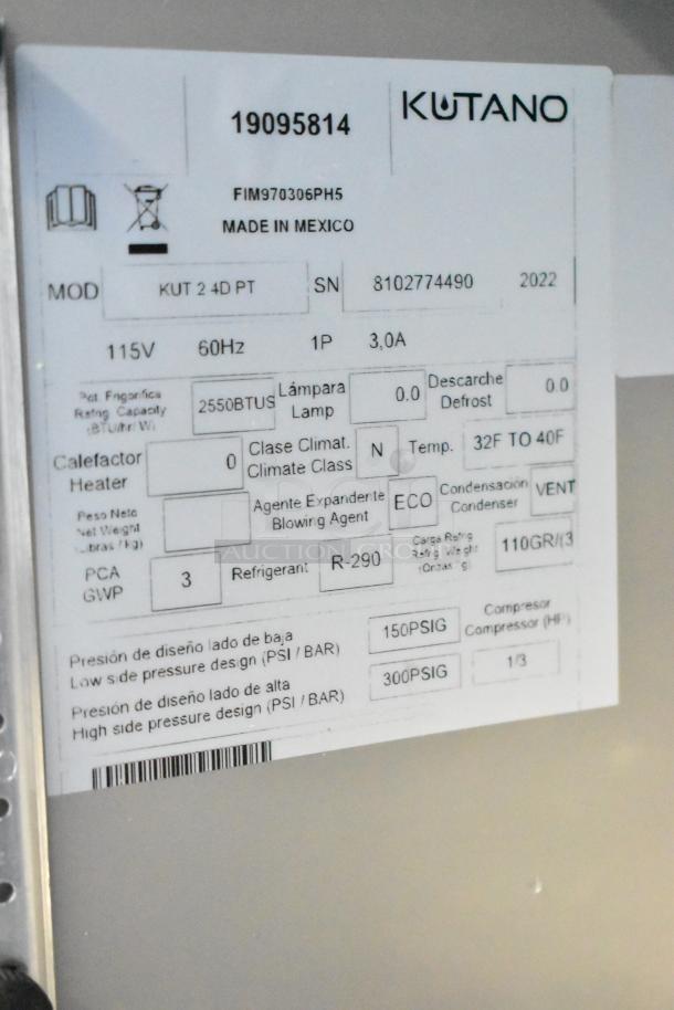 Label on Kutano KUT24DPT sandwich prep table, showing model, voltage, refrigerant type, and pressure specifications.