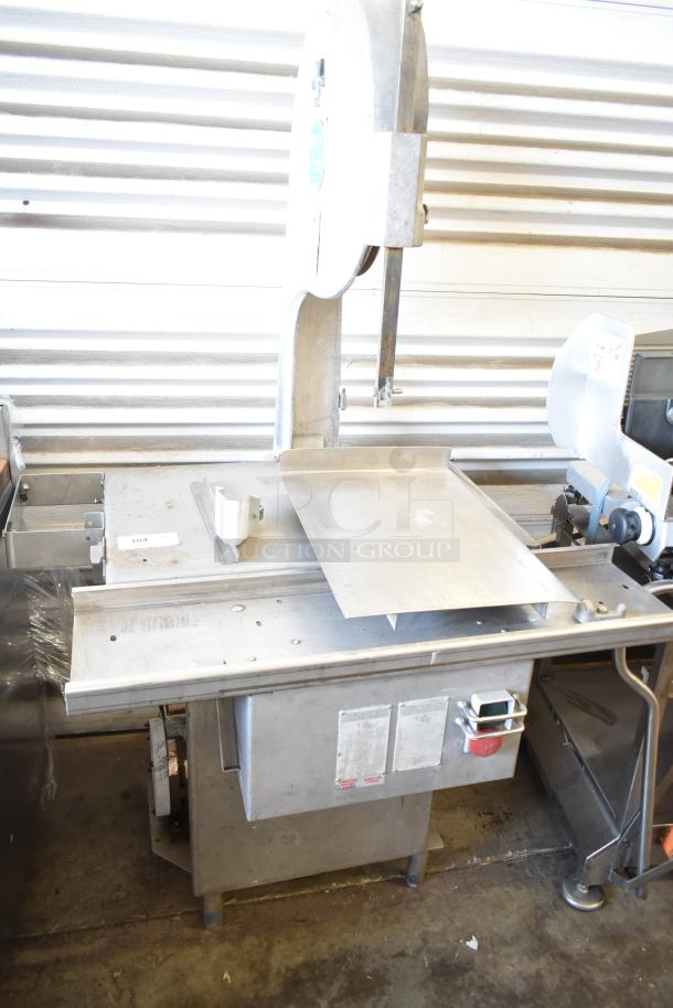 Biro 3334 Commercial Meat Saw, floor style, metal construction, visible control knobs, moderate wear, model details visible.