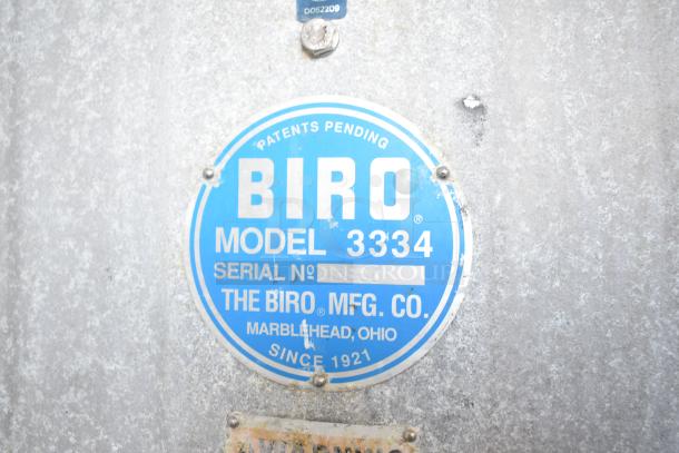 Biro 3334 Meat Saw nameplate showing model and serial numbers, highlighting manufacturer's details.