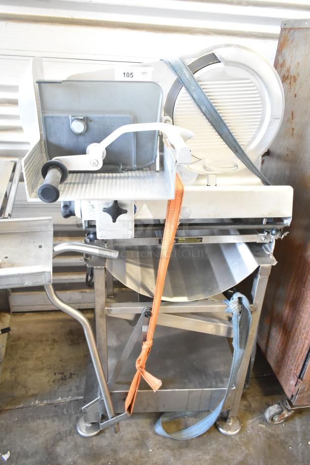 Bizerba VS 12 F commercial vertical slicer on meat slicer stand, stainless steel, includes straps, in used condition.