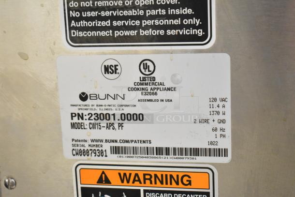 Bunn CW15-APS Coffee Brewer label showing model, 120 VAC, 11.4A, 1370W, NSF certified.