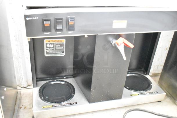 Bunn commercial countertop 2 burner coffee machine with hot water dispenser, 120 volts, 1 phase, warning labels visible.