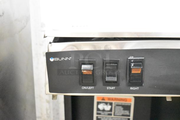 Bunn Commercial Coffee Machine, 2 Burners, Hot Water Dispenser, 120V, controls labeled On/Left, Start, Right.