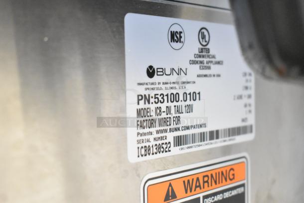 Bunn ICB-DV Commercial BrewWISE coffee brewer label, model 53100.0101, 120V, NSF and UL listed, with warning sticker.