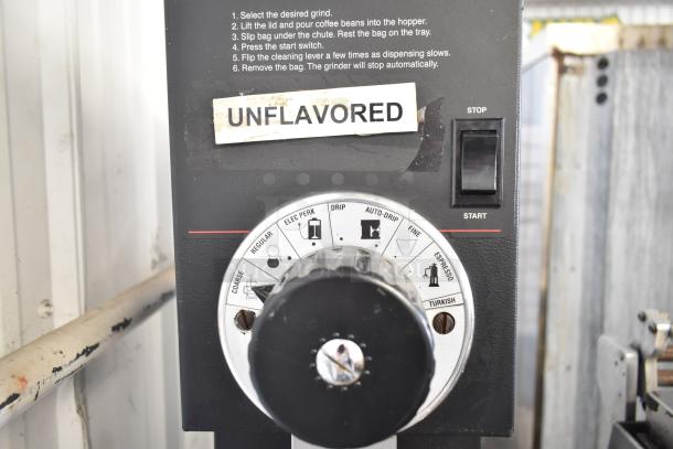 Bunn Commercial Coffee Bean Grinder, 120 Volts, 1 Phase, with grind selection dial and "Unflavored" label.